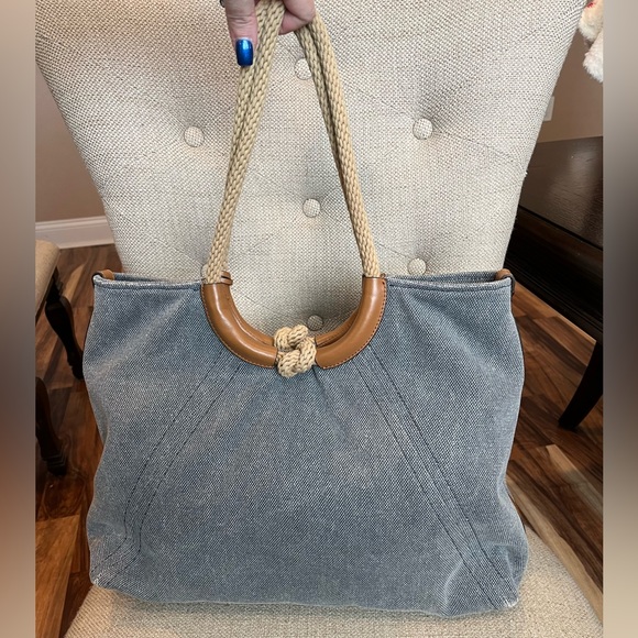 Michael Kors Blue Canvas Woven Ring Handle Isla Tote EUC - Picture 7 of 12